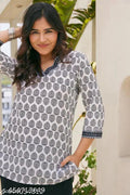Stylish White Multicolor hand block print cotton kurti for Girls and Women 13374